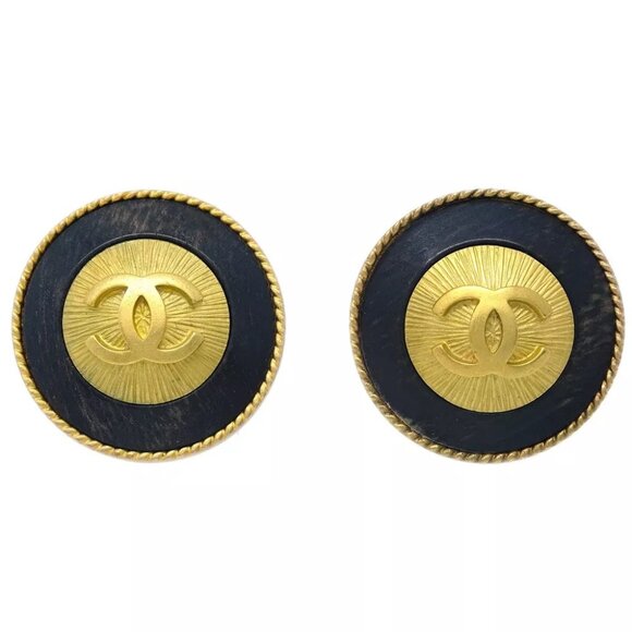 Chanel Button Earrings Clip-On Black 94P 181879 - Picture 1 of 4